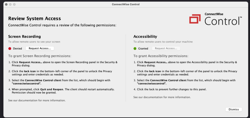 The permissions request in Control, so that a technician can view and control your computer. 