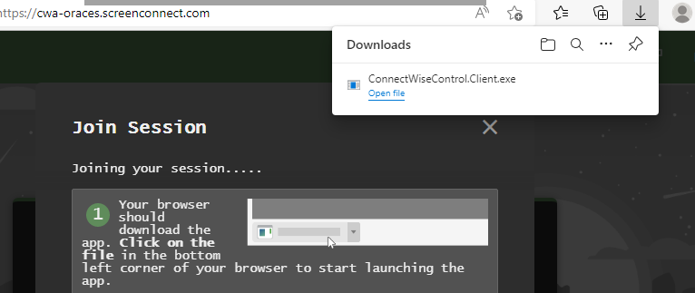 The downloads flyout showing the downloaded Control Client .exe.