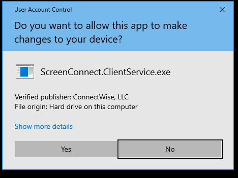 An image, showing the UAC popup to install the Connect Client. 