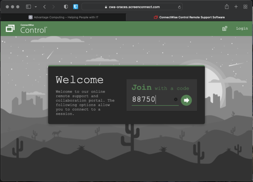 The homepage of  https://cwa-oraces.screenconnect.com in Safari, prompting for the user for a code.